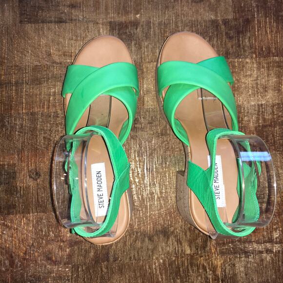 Steve Madden Palmer Platform Sandal Womens 11 Bright Green Cork Chunky Retro 70s - Picture 6 of 10